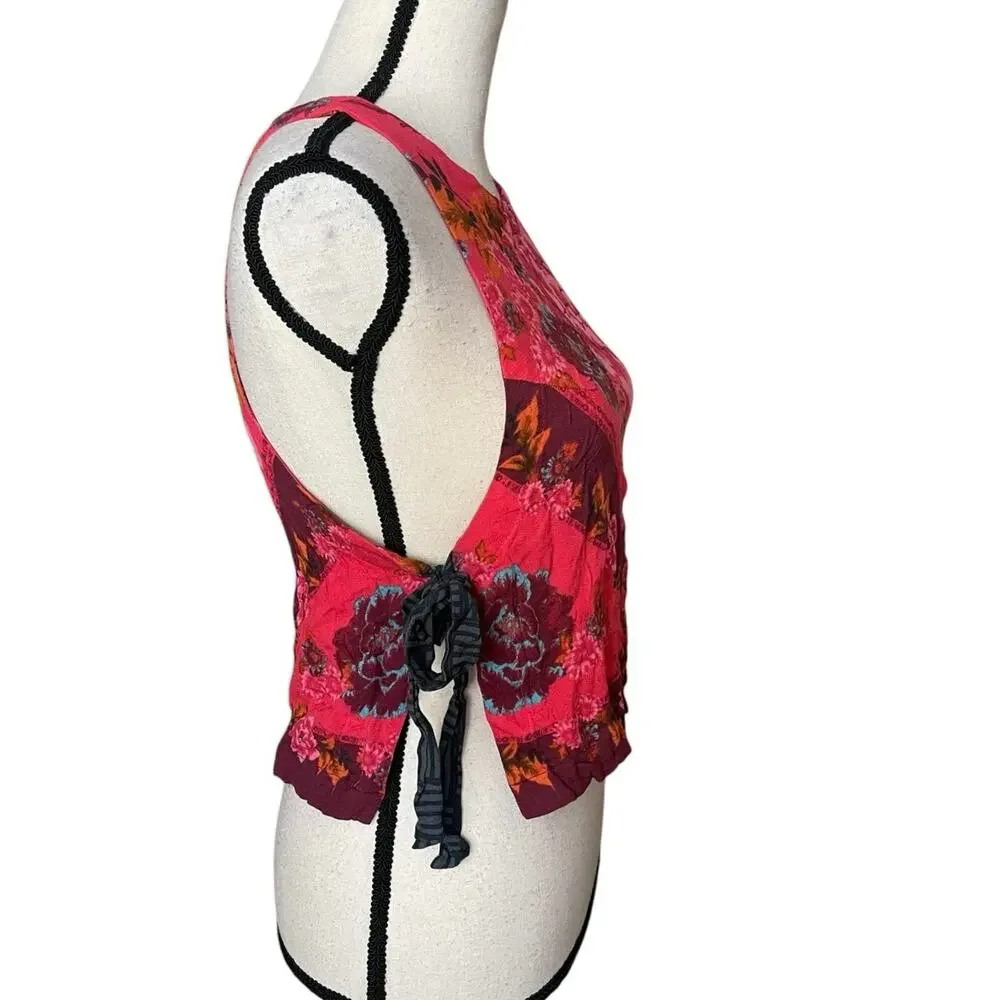 Free People This Sweet Love Top XS Floral Side Tie Scarf Tank Pink Red Boho